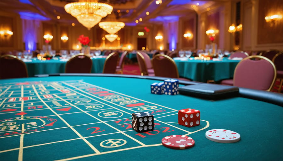 An elegant event space decorated with casino-themed elements, including poker table linens and dice-shaped centerpieces, illuminated by ambient lighting to evoke the luxurious ambiance of iconic casinos.