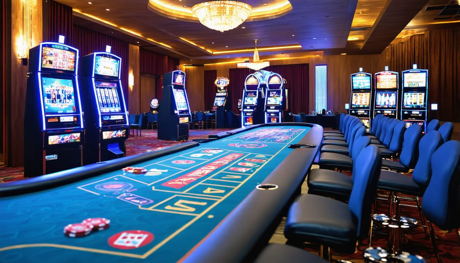 Event venue decorated with casino-inspired elements including slot machine tables