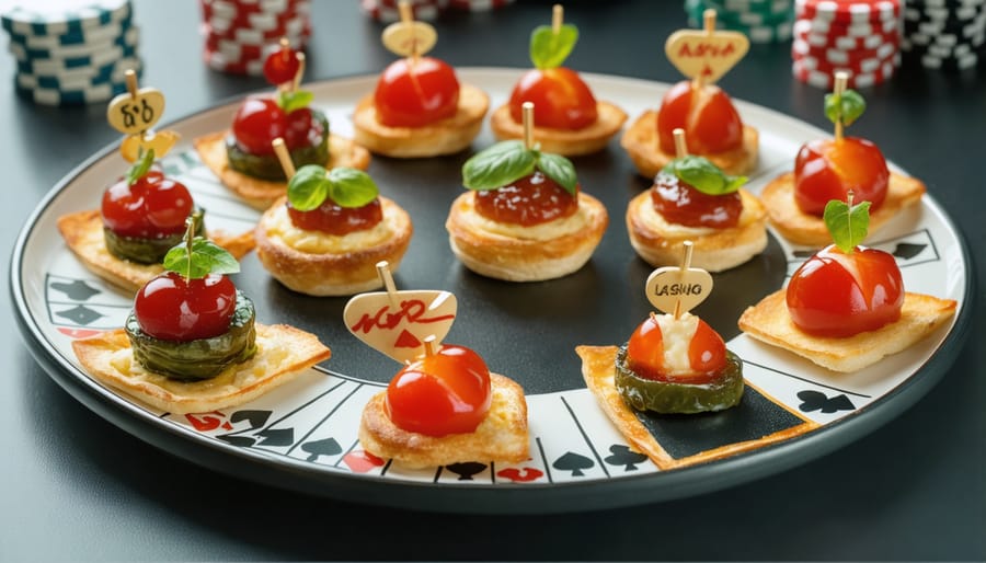 A variety of gourmet appetizers presented with a casino theme