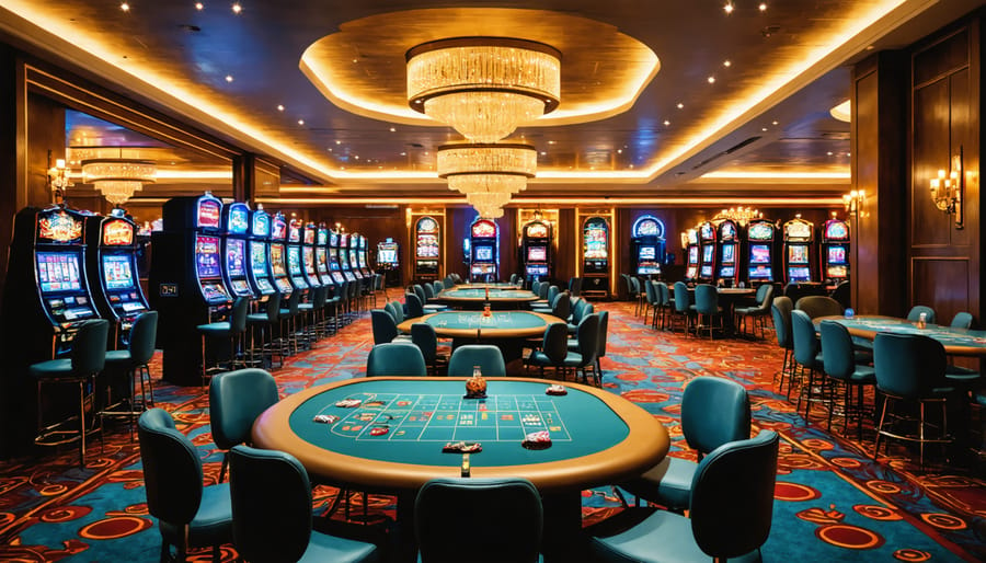 Interior view of a casino-themed event space with elegant decor