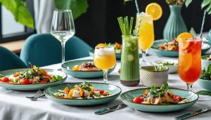 Sophisticated THCA-infused lunch setup with vibrant dishes and refreshing beverages, highlighting wellness and gourmet flavors for a corporate setting.